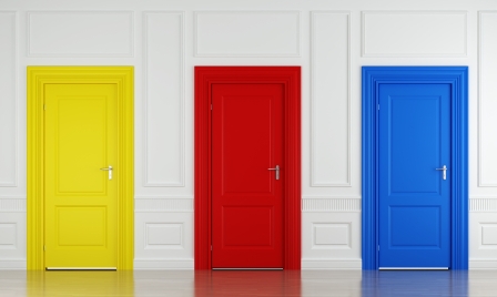3d scene with three color doors in a wall as concept for choice or luck